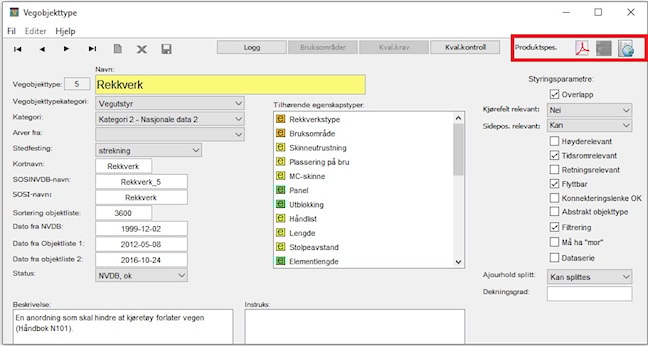 Skjermbilde av Dakat med PDF-ikon markert for nedlasting av produktspesifikasjon.